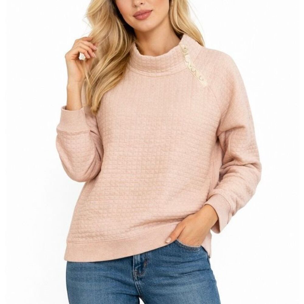 T by Talbots light pink quilted snap neck sweater small